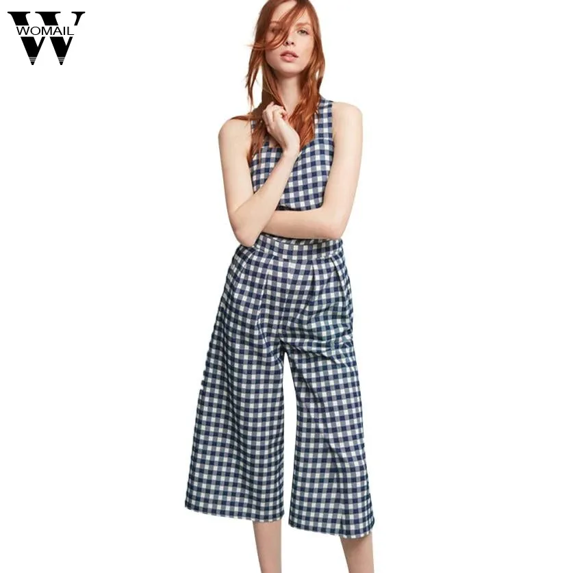 2017 New Fashion  White Blue Plaid Women Jumpsuits Back Cross Sleeveless Playsuits Casual Preppy Style Vintage Rompers AG31