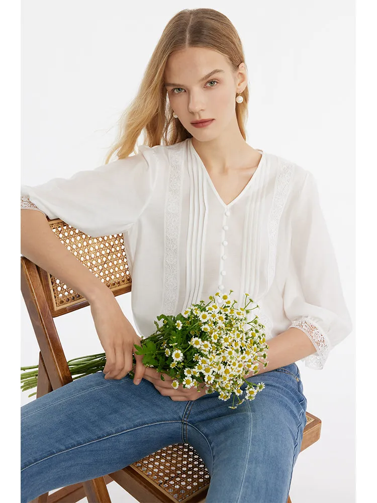 Acetate V-Neck Lace Trim Women Blouse