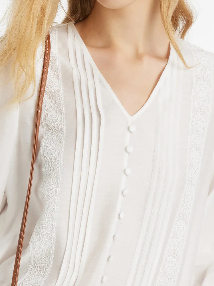 Acetate V-Neck Lace Trim Women Blouse