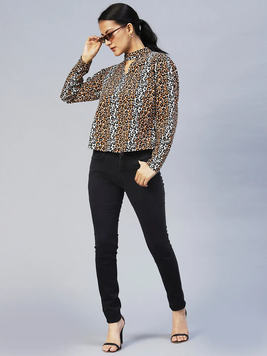 Animal Print Full Sleeve Chocker Neck Top