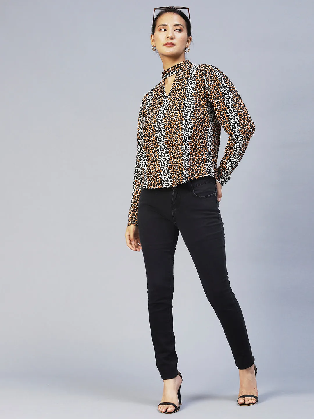 Animal Print Full Sleeve Chocker Neck Top