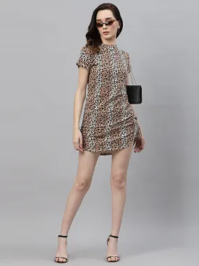 Animal Print Short Sleeve Drawstring Bodycon Dress