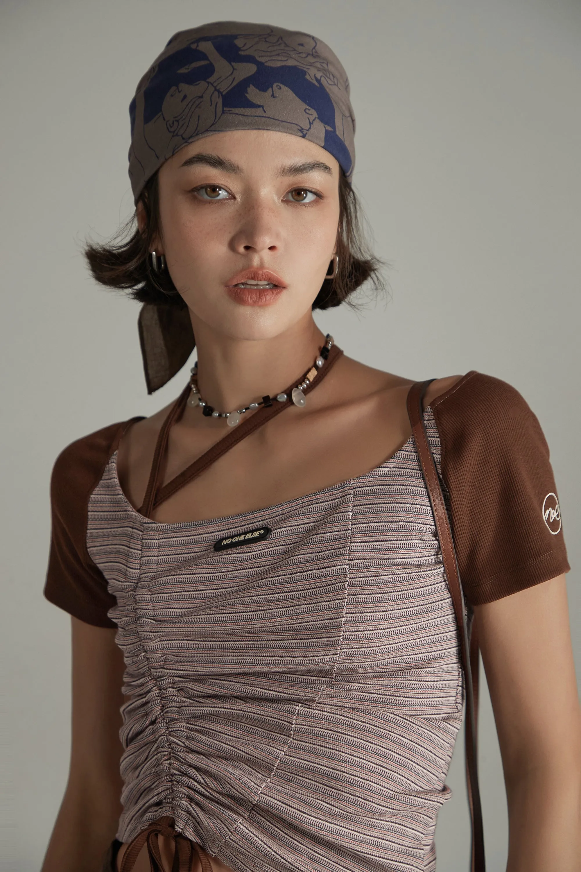 Asymmetrical Halter Neck String Striped Shirring T-Shirt