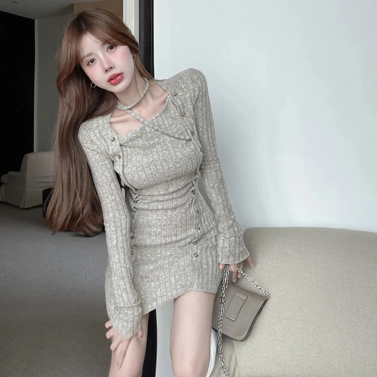 Autumn Halter Knit Knitted Mini Dress Women Sexy Bodycon Split Short Dresses Korean Long Sleeve Slim Fashion