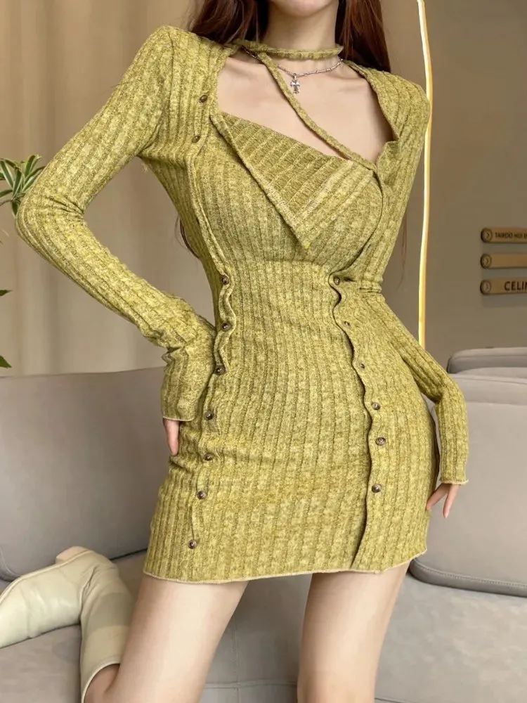 Autumn Halter Knit Knitted Mini Dress Women Sexy Bodycon Split Short Dresses Korean Long Sleeve Slim Fashion