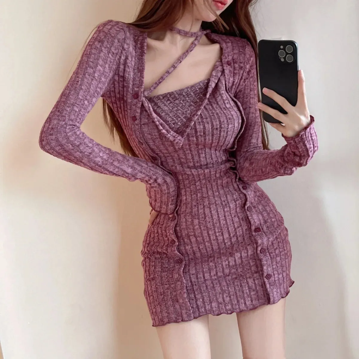 Autumn Halter Knit Knitted Mini Dress Women Sexy Bodycon Split Short Dresses Korean Long Sleeve Slim Fashion