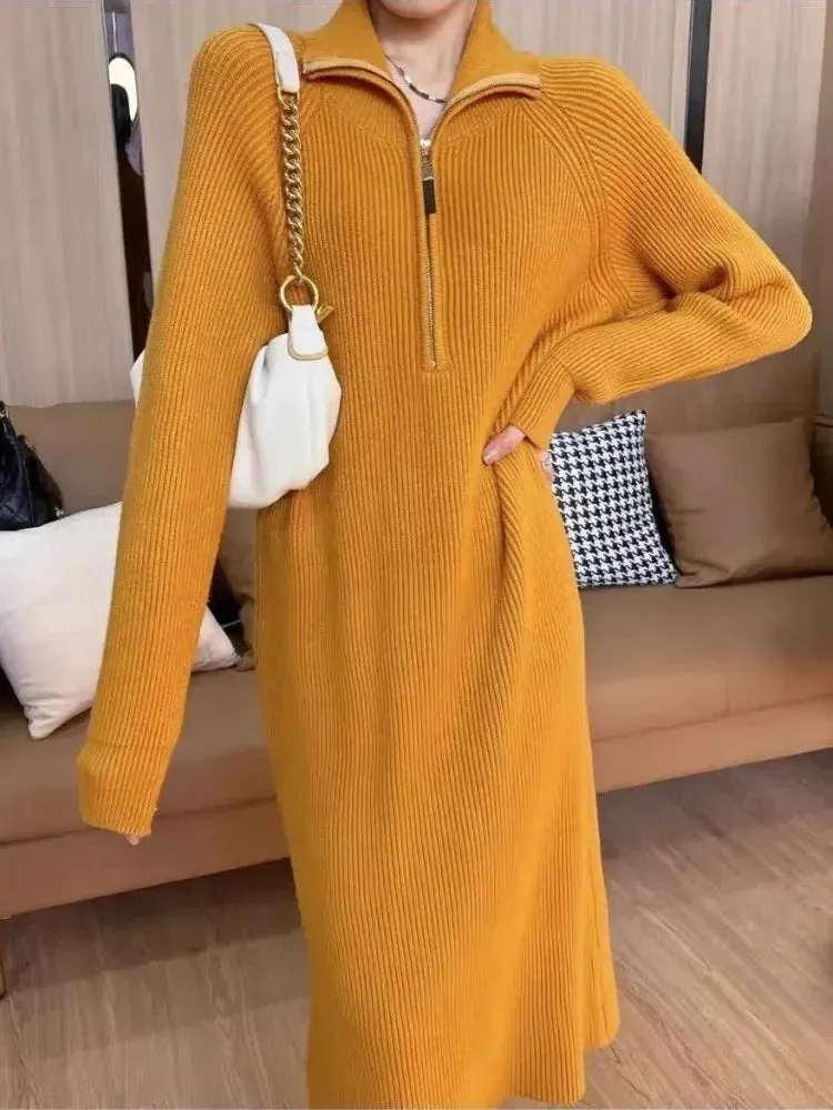 Autumn Knitted Sweater Warm Dress Women Korean Zip Oversize Vintgae Casual Loose Elegant Long Sleeve Midi Dresses