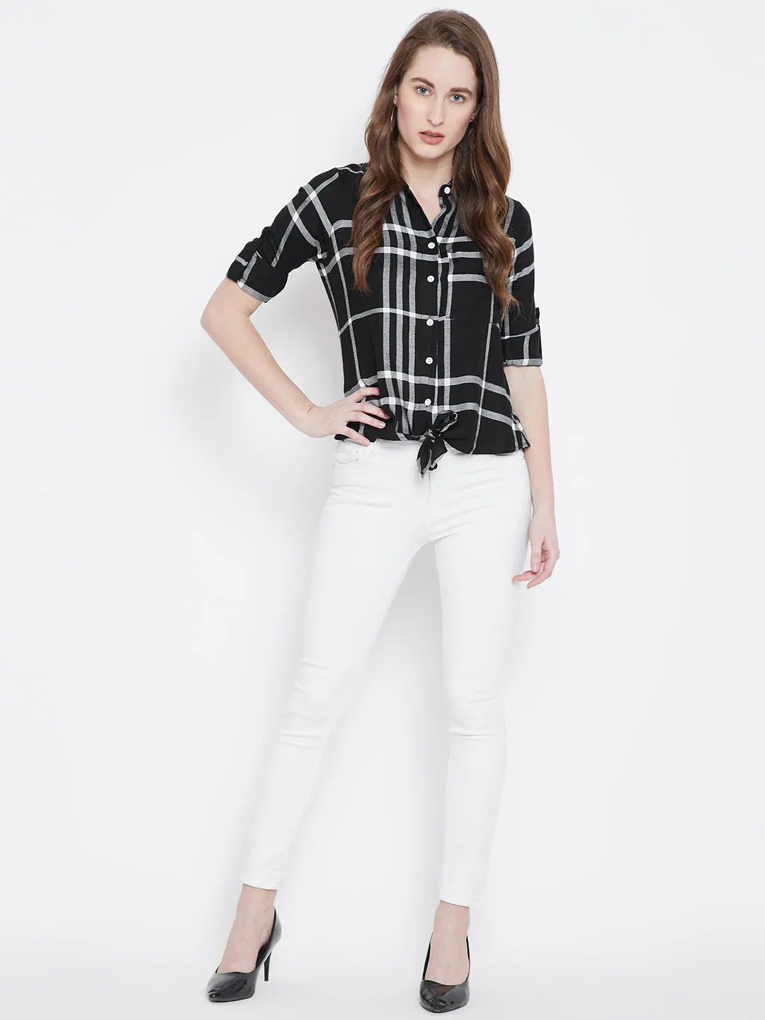 Berrylush Women Black & White Check Patterned Collar-Neck Shirt Style Top