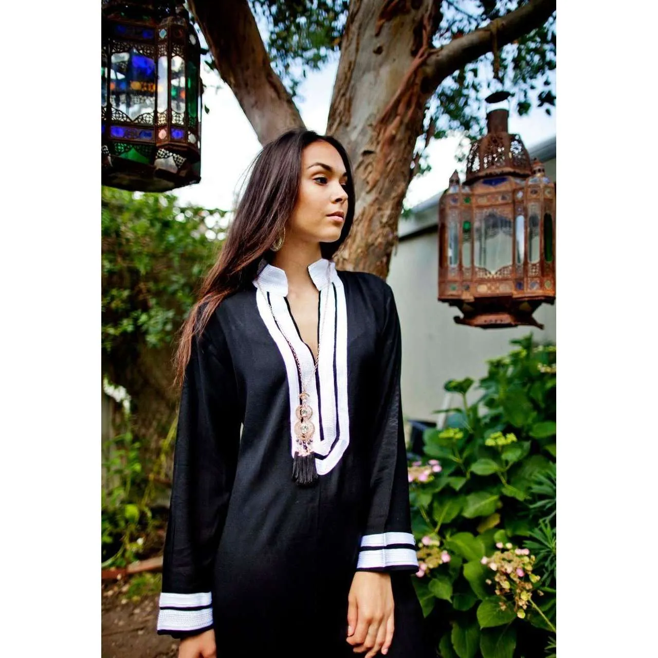 Black Moroccan Cotton Kaftan with White Embroidery - Mariam Style