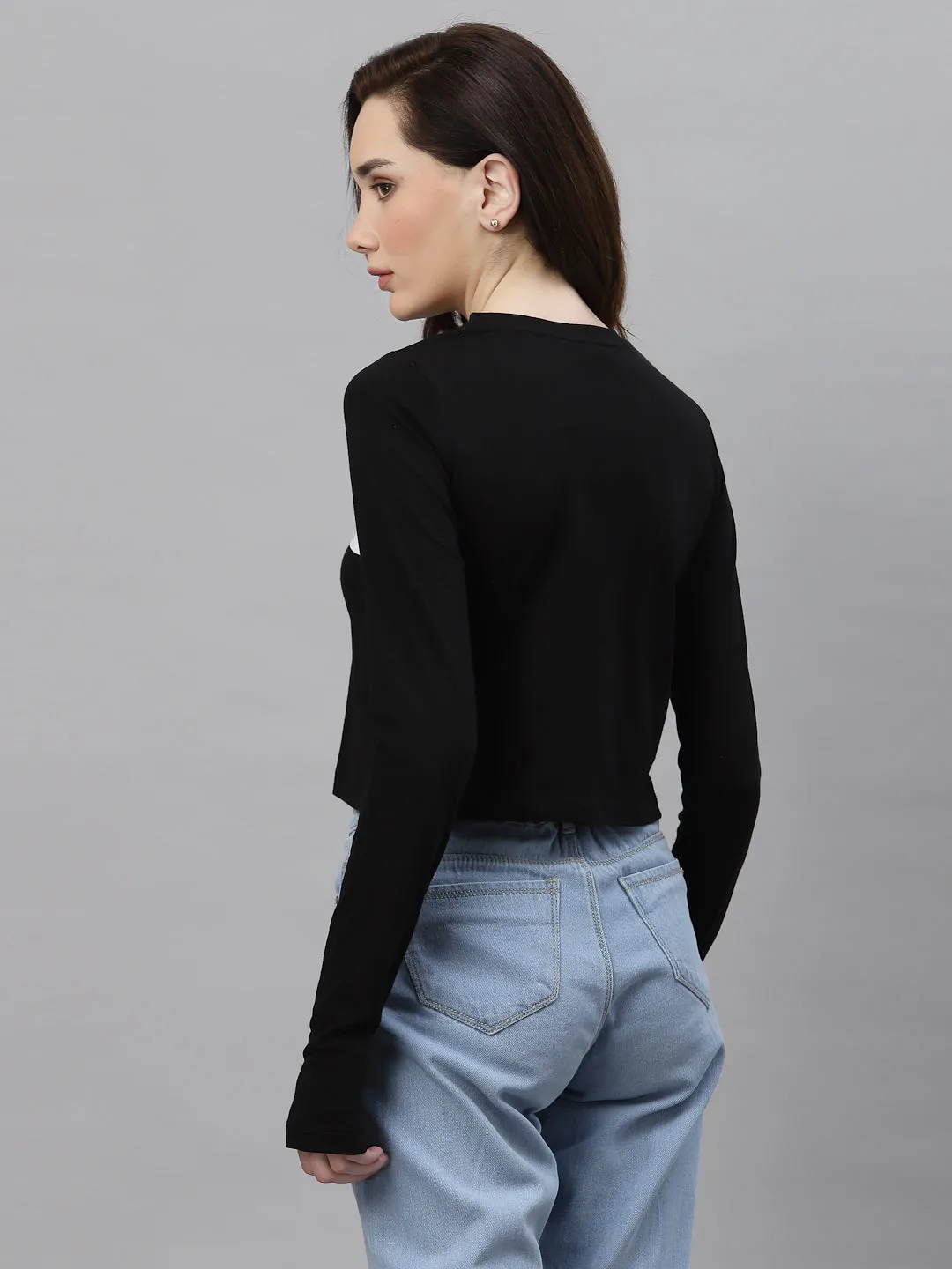 Black With Contrast Detail Round Neck Thumbhole Crop Top