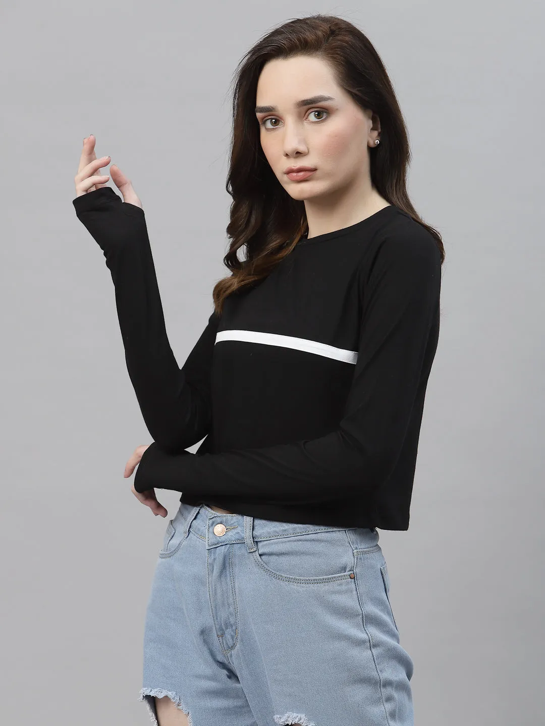 Black With Contrast Detail Round Neck Thumbhole Crop Top