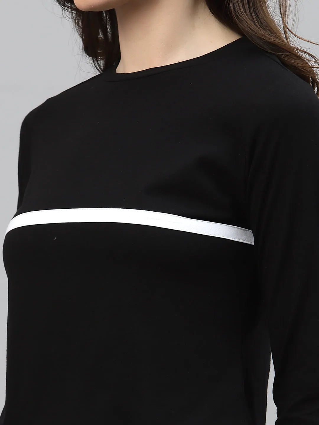 Black With Contrast Detail Round Neck Thumbhole Crop Top