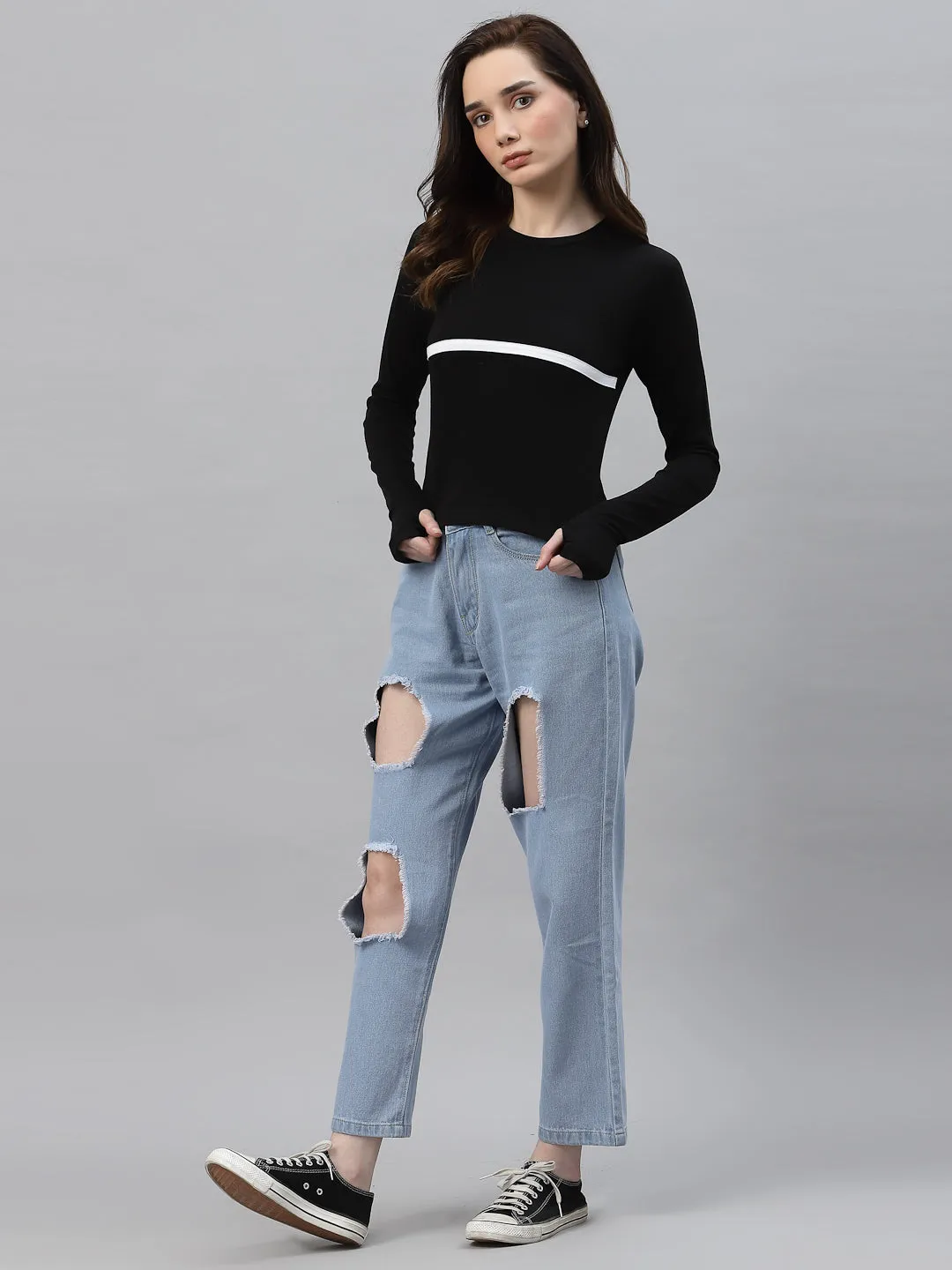 Black With Contrast Detail Round Neck Thumbhole Crop Top