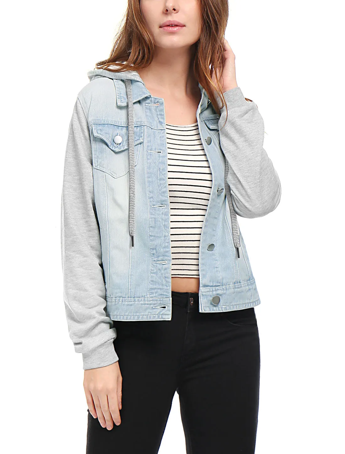 Casual Layered Drawstring Pockets Hood Denim Jacket