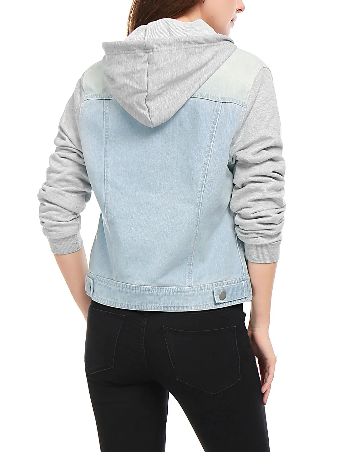 Casual Layered Drawstring Pockets Hood Denim Jacket