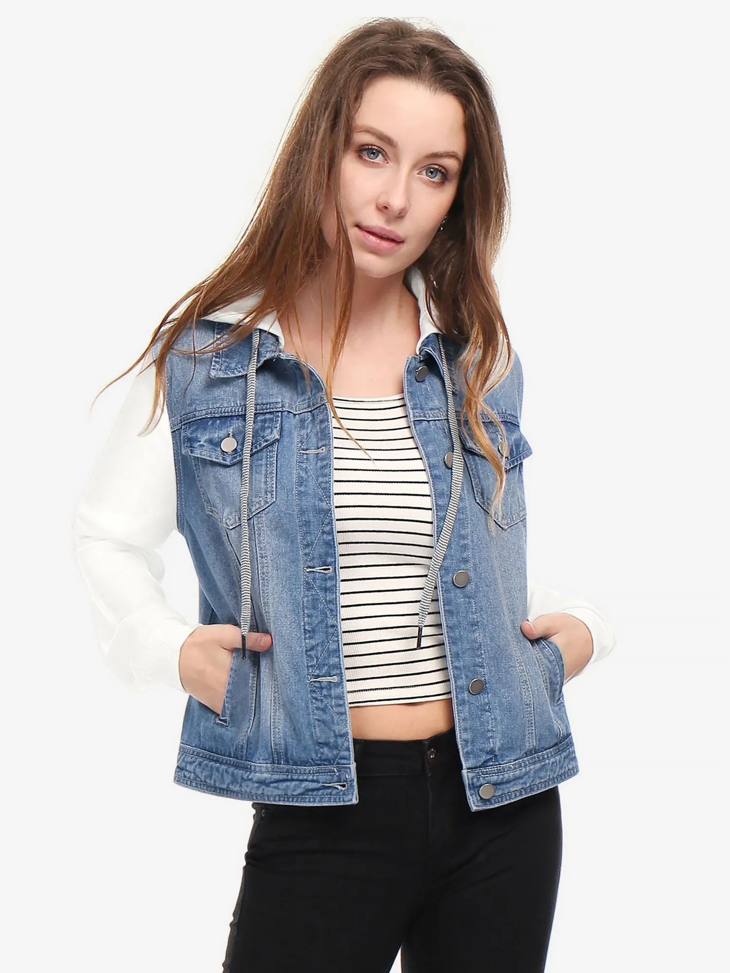 Casual Layered Drawstring Pockets Hood Denim Jacket