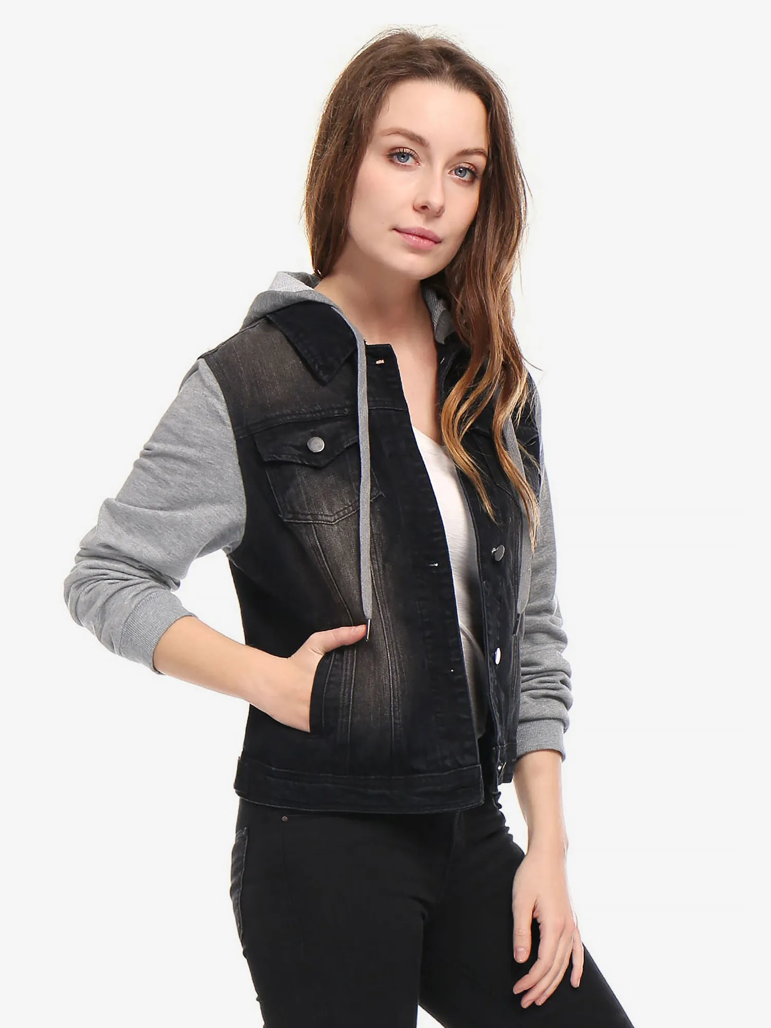 Casual Layered Drawstring Pockets Hood Denim Jacket