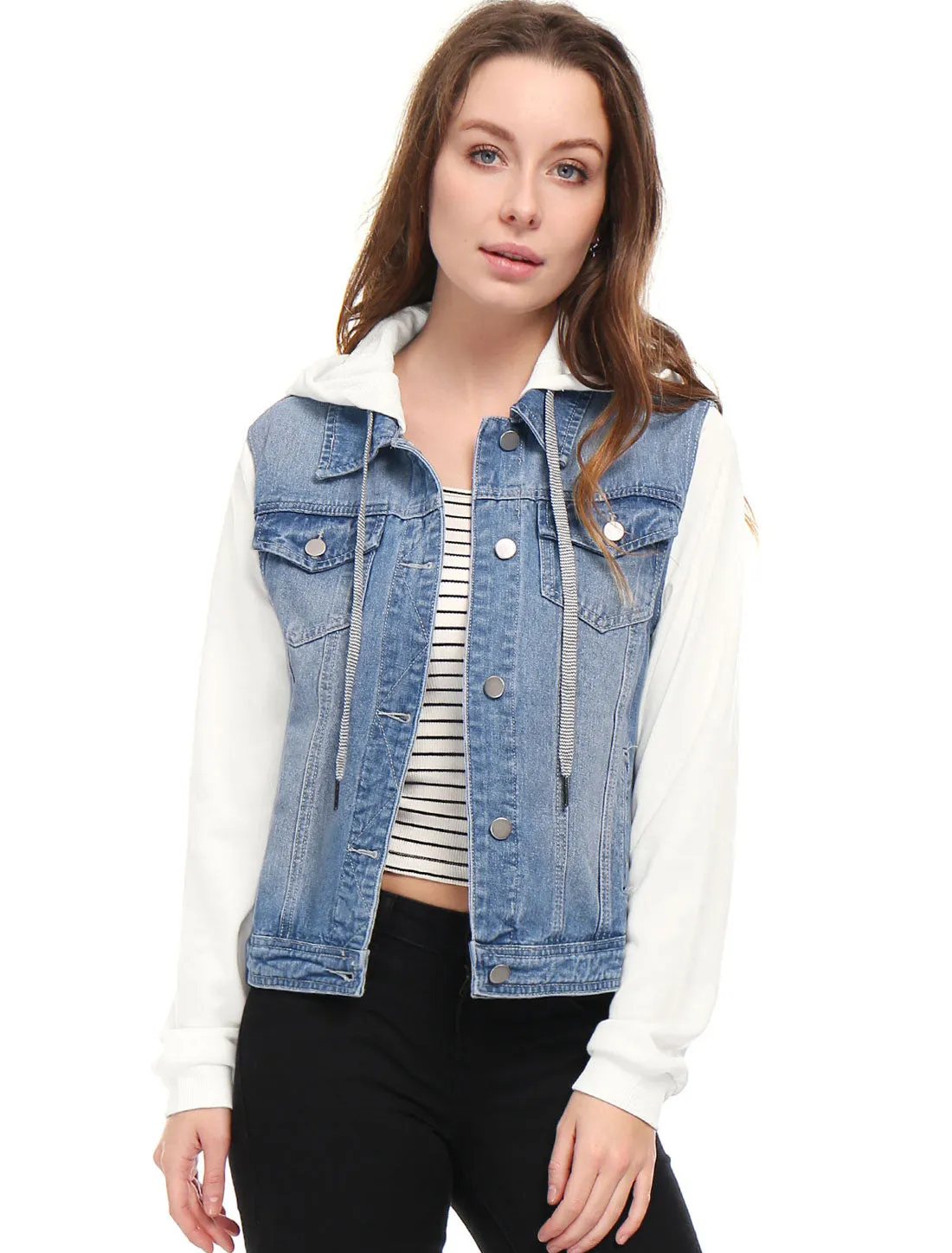 Casual Layered Drawstring Pockets Hood Denim Jacket