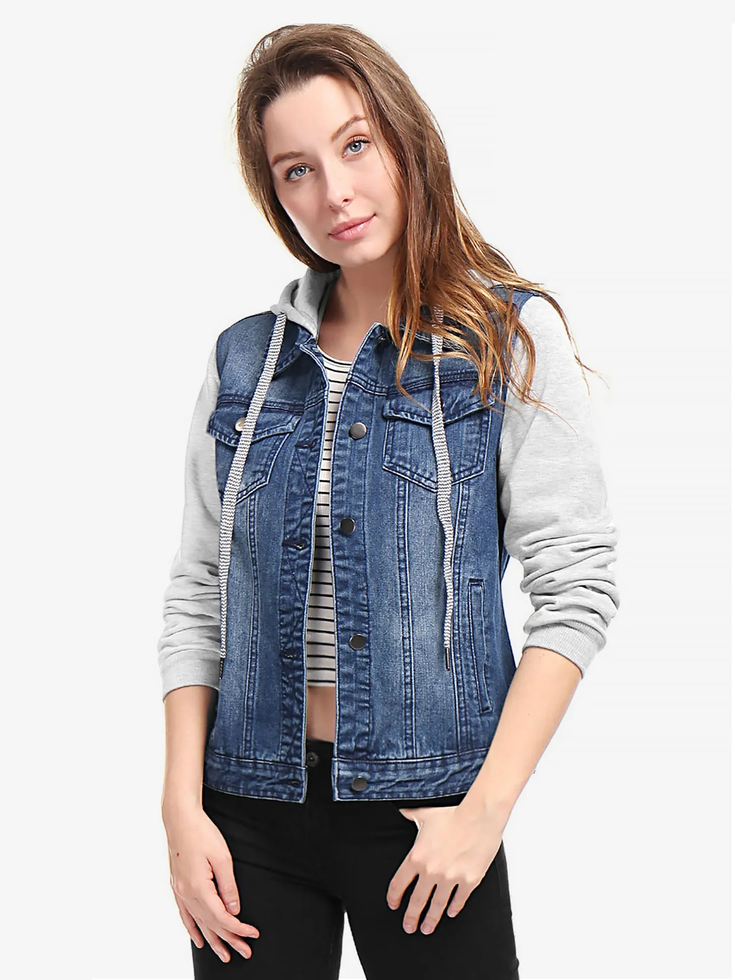 Casual Layered Drawstring Pockets Hood Denim Jacket