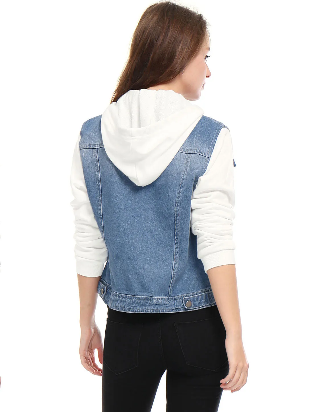 Casual Layered Drawstring Pockets Hood Denim Jacket