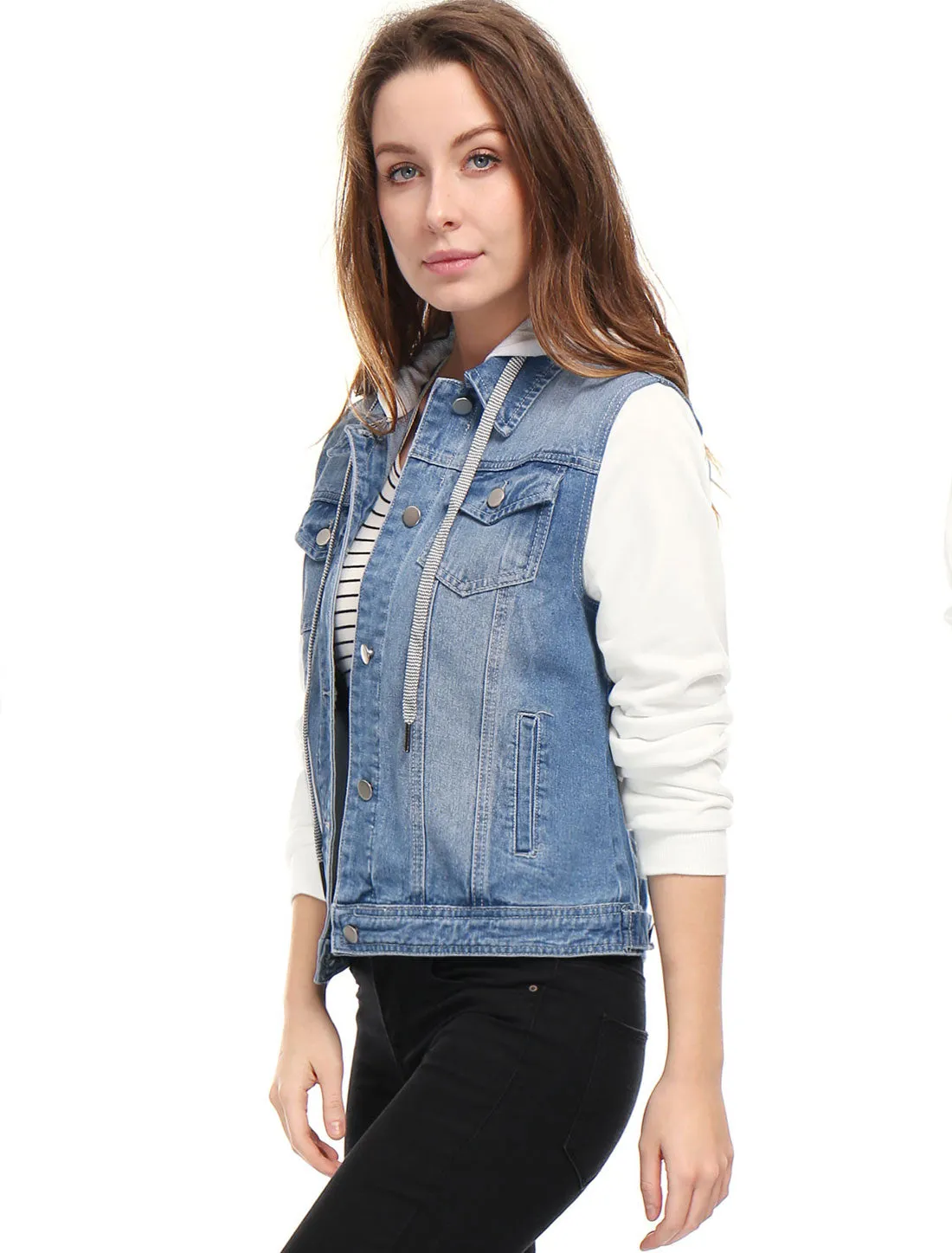 Casual Layered Drawstring Pockets Hood Denim Jacket