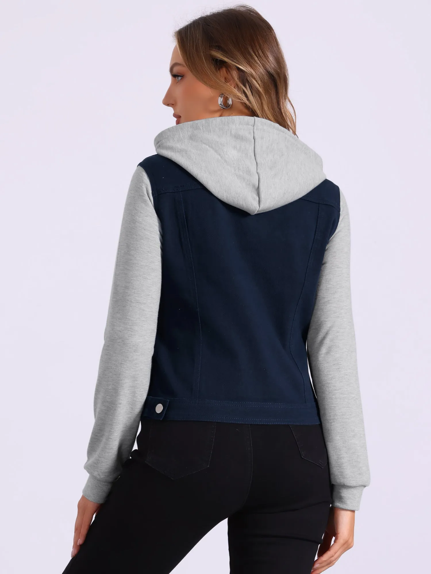 Casual Layered Drawstring Pockets Hood Denim Jacket