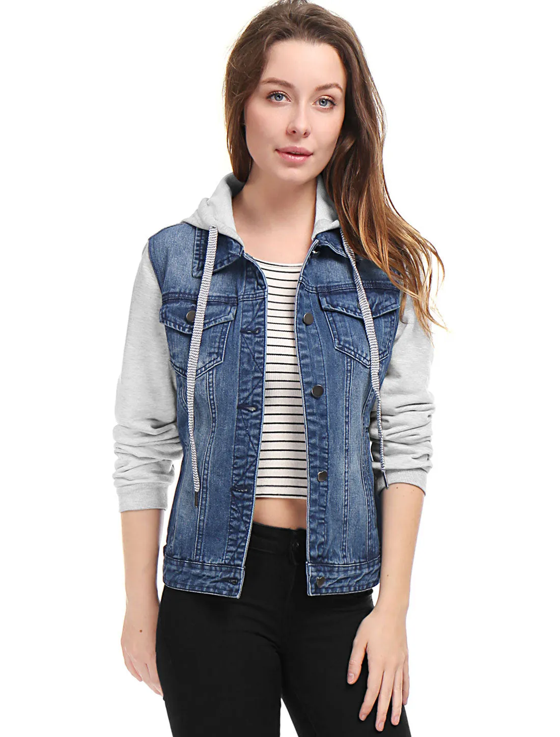 Casual Layered Drawstring Pockets Hood Denim Jacket