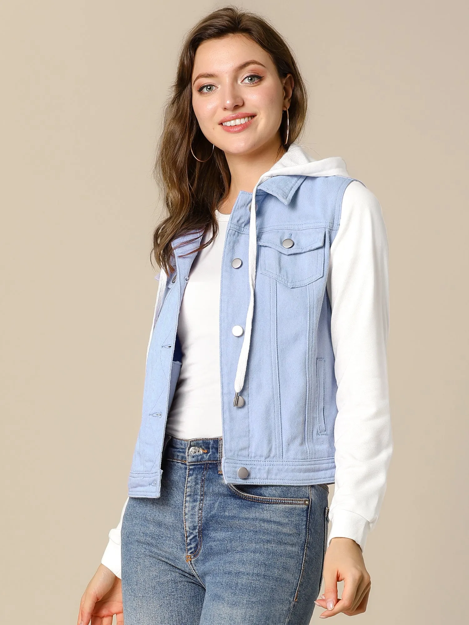 Casual Layered Drawstring Pockets Hood Denim Jacket