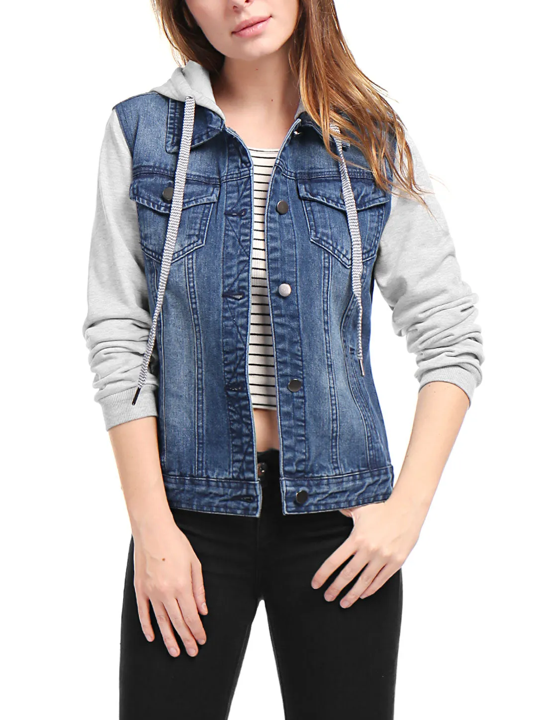 Casual Layered Drawstring Pockets Hood Denim Jacket