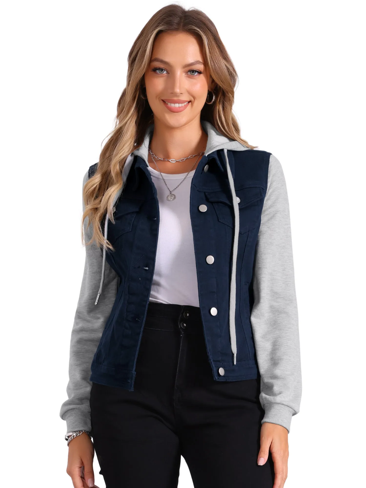 Casual Layered Drawstring Pockets Hood Denim Jacket