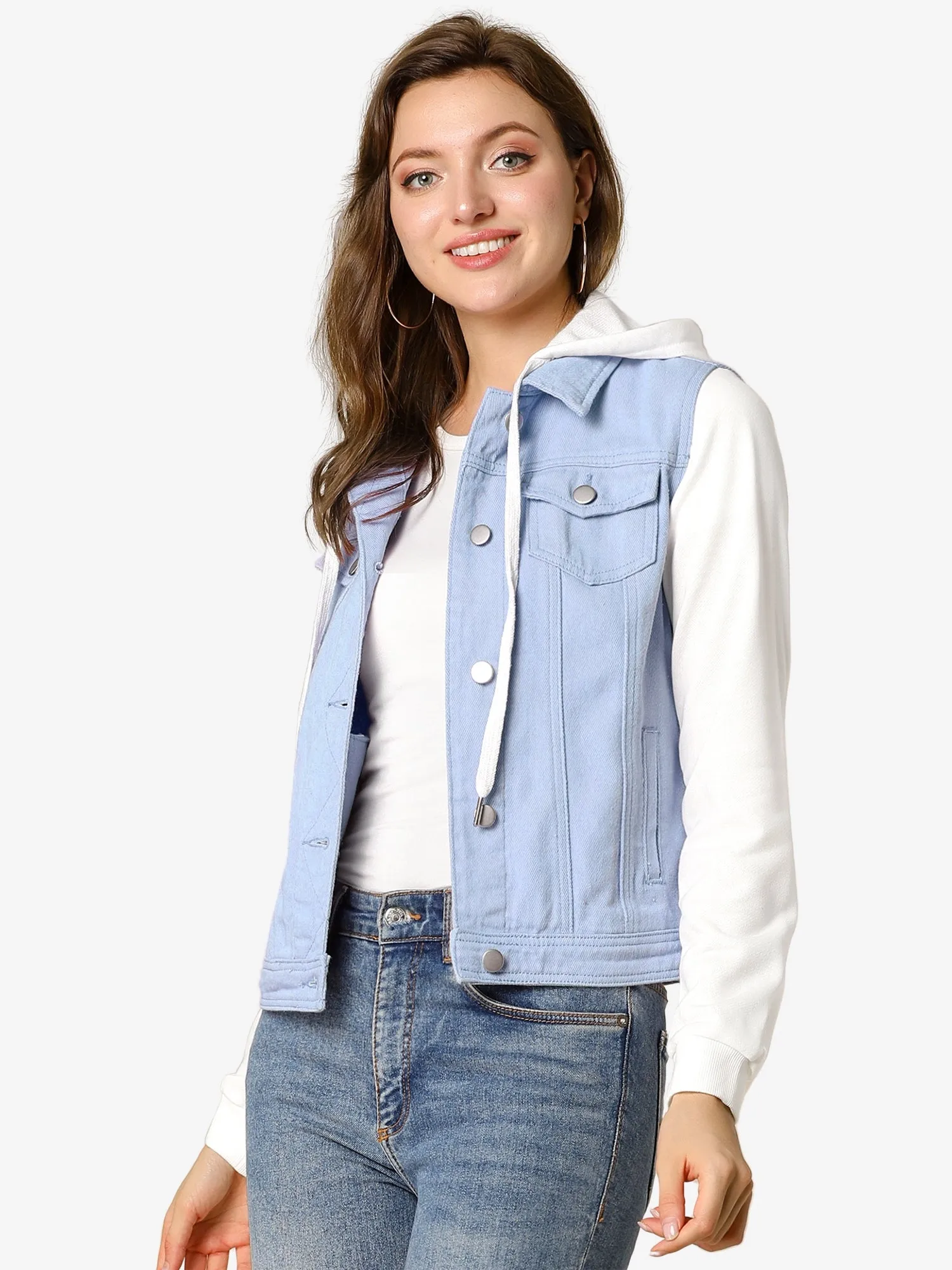 Casual Layered Drawstring Pockets Hood Denim Jacket