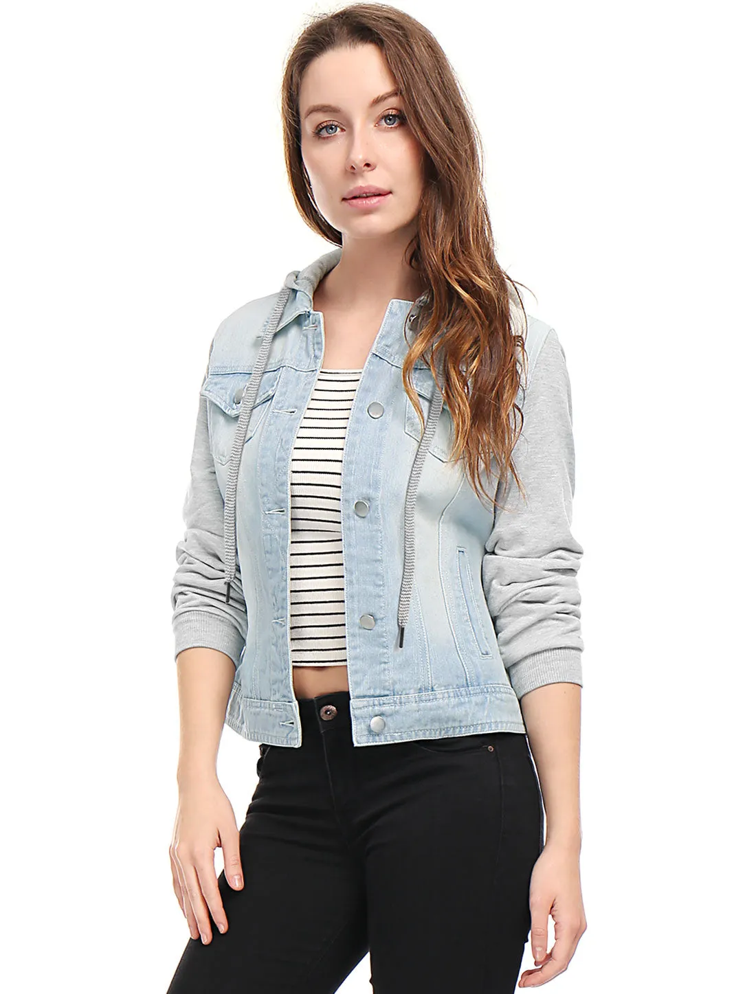 Casual Layered Drawstring Pockets Hood Denim Jacket