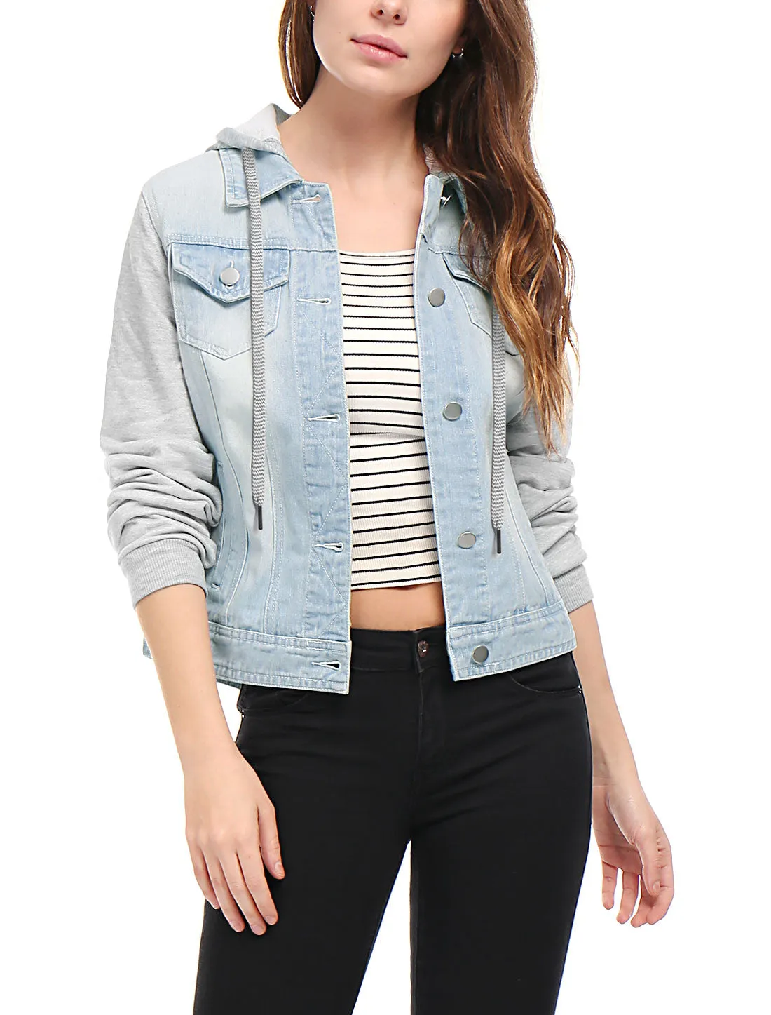 Casual Layered Drawstring Pockets Hood Denim Jacket