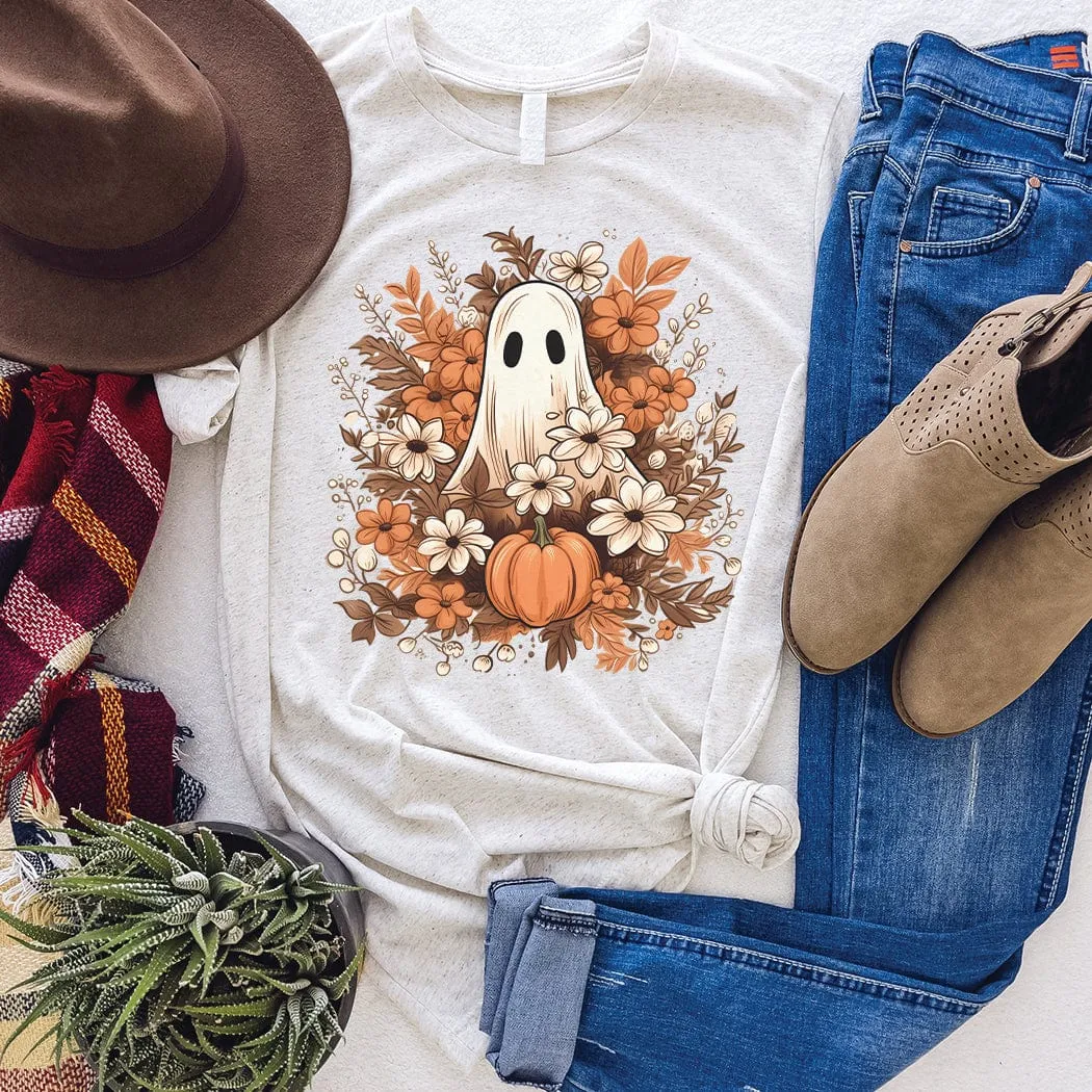 Floral Ghost Halloween Graphic T-Shirt - HA303