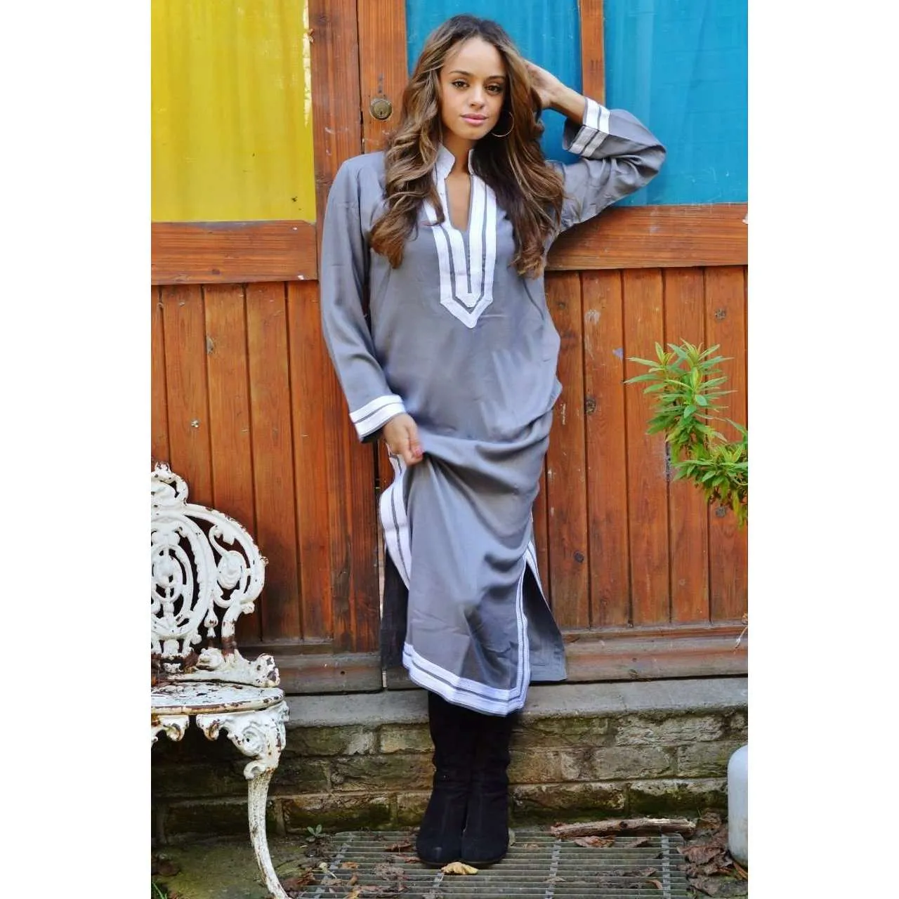 Grey Long Kaftan Caftan with White Embroidery- Mariam Style