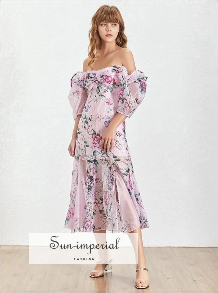 Hailey Dress- Summer Beach Style Print Women Dress off Shoulder Puff Sleeve High Waist Slim Split