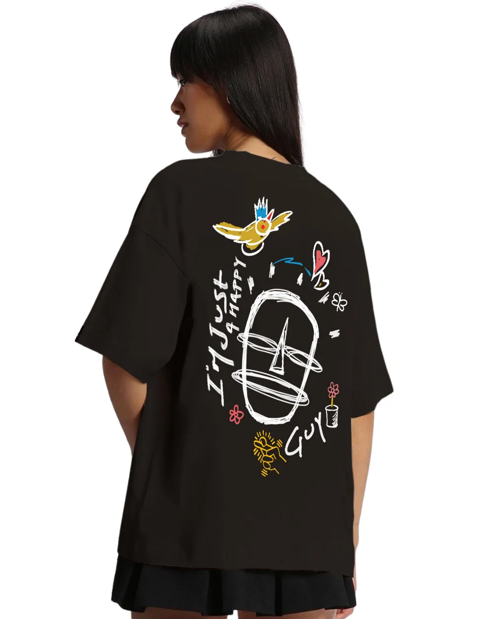 Happy Guy Black Oversized Back Graphic Printed Tshirt