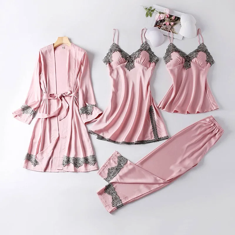 JULY&#39;S SONG New 4 Pieces Women Pajamas Sets Faux Silk Pajamas Sleepwear Sets Elegant Sexy Lace Fashion Spring Autumn Homewear