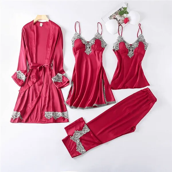 JULY&#39;S SONG New 4 Pieces Women Pajamas Sets Faux Silk Pajamas Sleepwear Sets Elegant Sexy Lace Fashion Spring Autumn Homewear