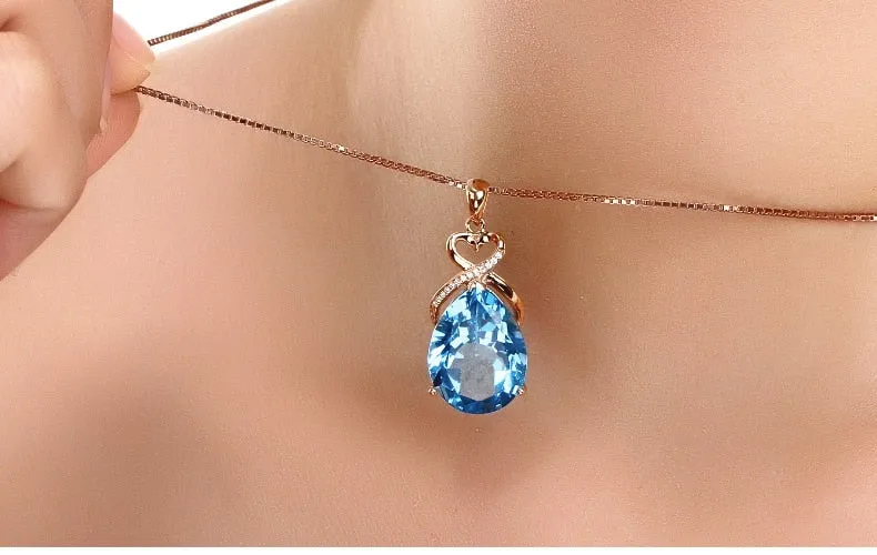 Natural Sapphire 14K Rose Gold Necklace Pendant for Women Bohemia Wedding White Topaz Pure Pendants Fine Fashion Jewelry Luxury