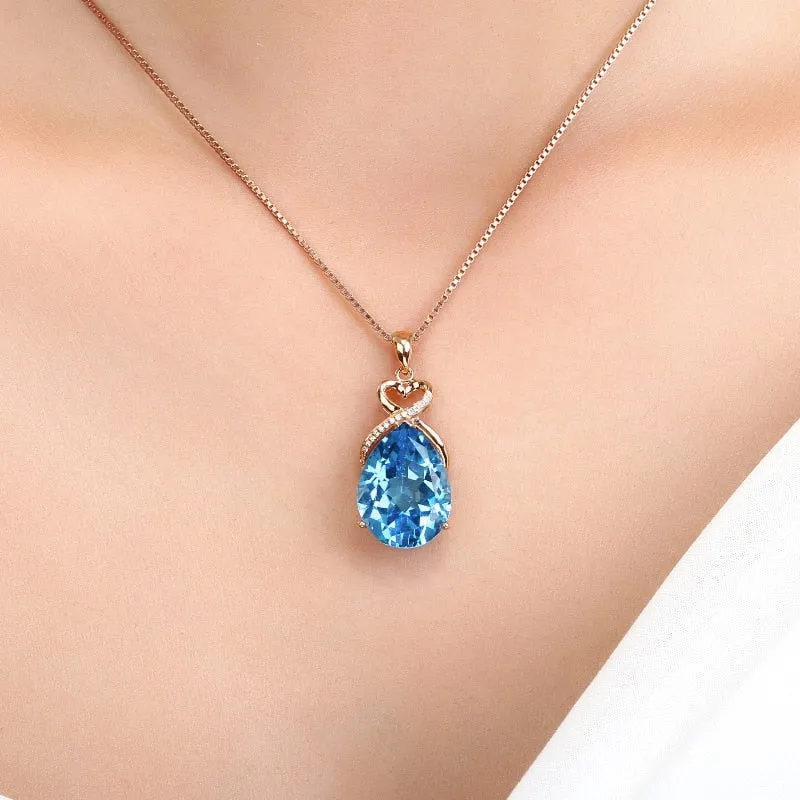 Natural Sapphire 14K Rose Gold Necklace Pendant for Women Bohemia Wedding White Topaz Pure Pendants Fine Fashion Jewelry Luxury