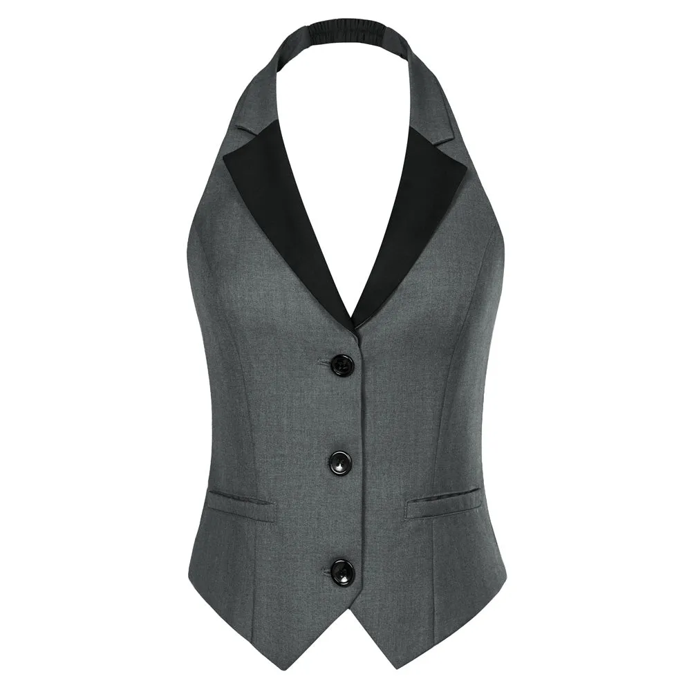 Plaid Style Waistcoat Vest Vintage Halter Lapel Button Down Suit Vest with Pockets