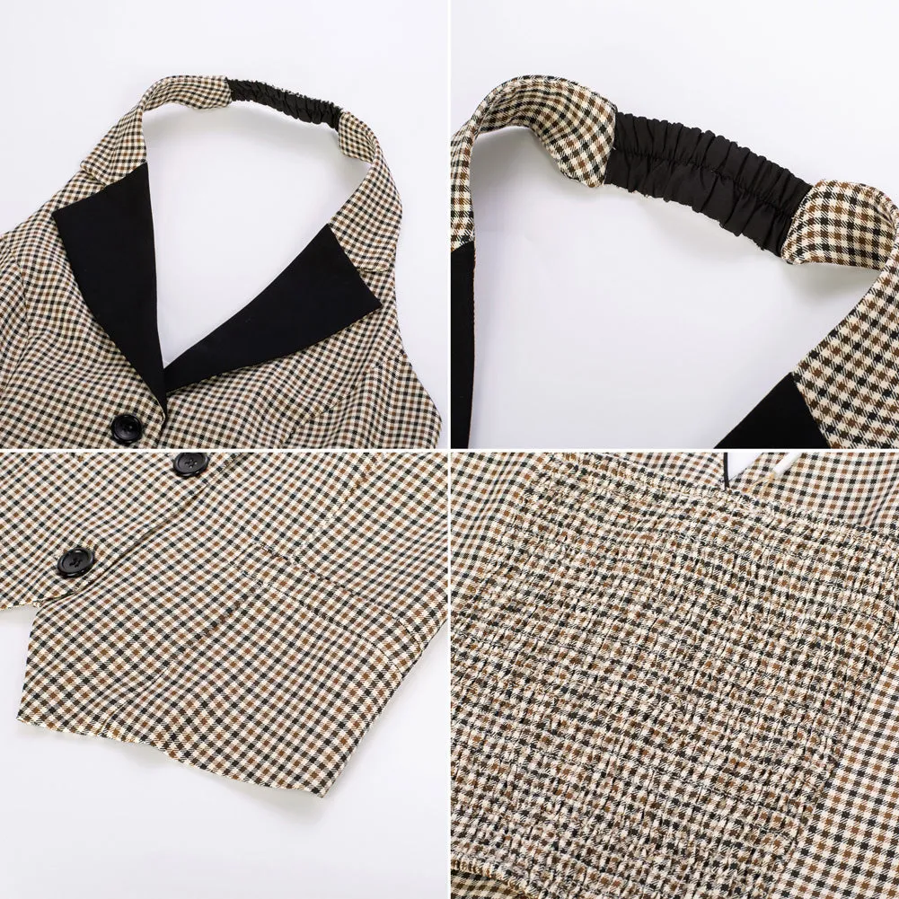 Plaid Style Waistcoat Vest Vintage Halter Lapel Button Down Suit Vest with Pockets