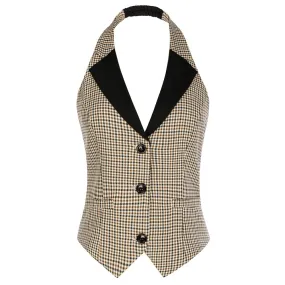 Plaid Style Waistcoat Vest Vintage Halter Lapel Button Down Suit Vest with Pockets