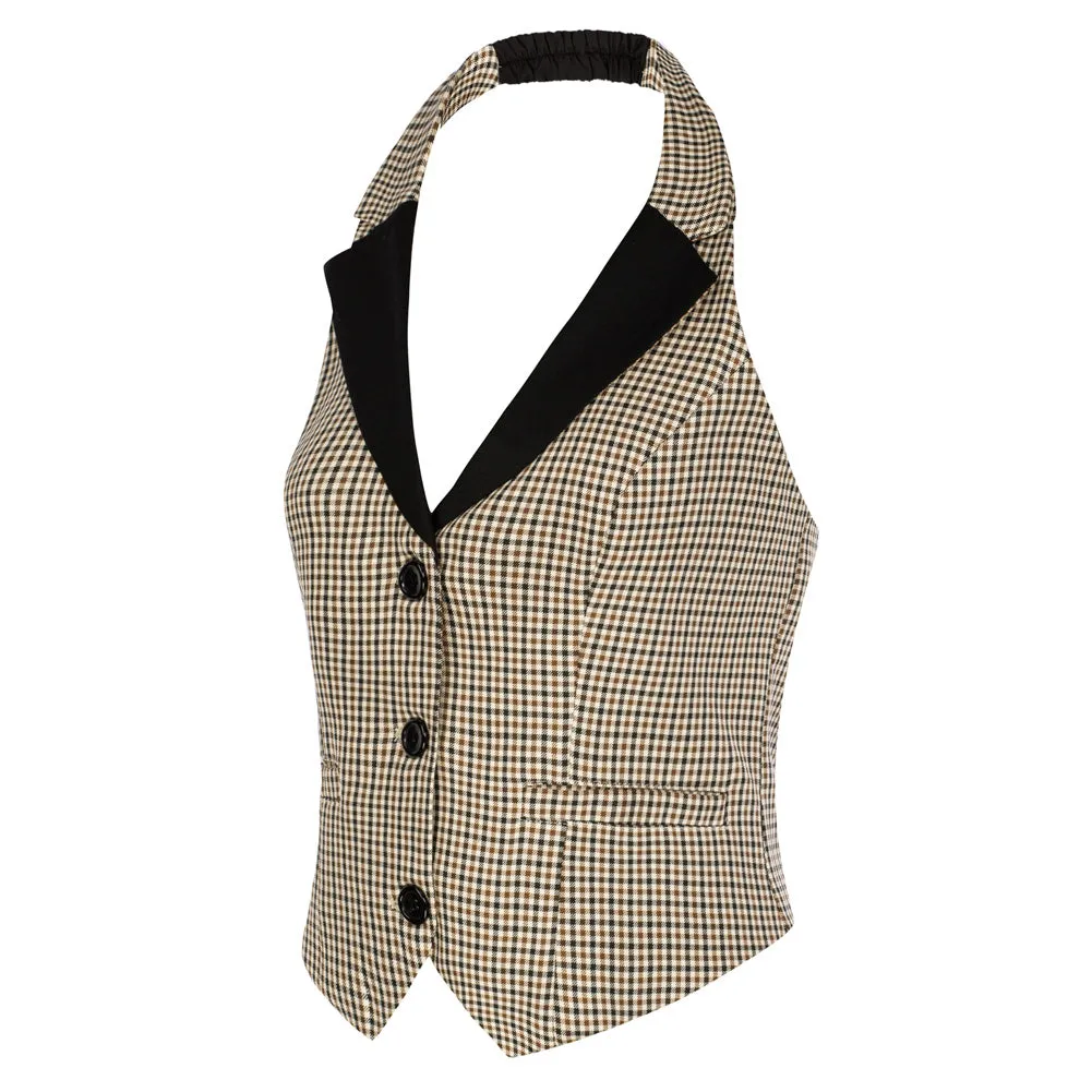 Plaid Style Waistcoat Vest Vintage Halter Lapel Button Down Suit Vest with Pockets