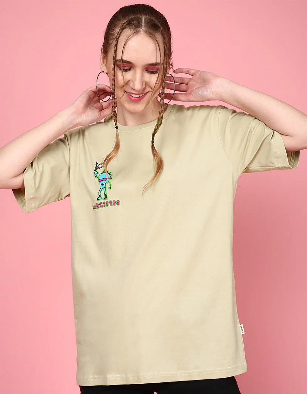 Punk Beige Oversized Placement Graphic Printed Tshirt