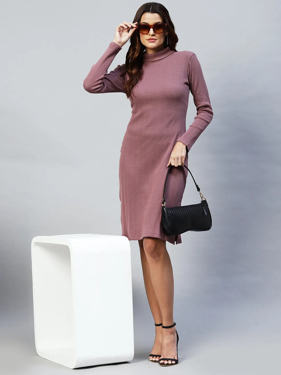 Rib Full Sleeve Side Slit Dress