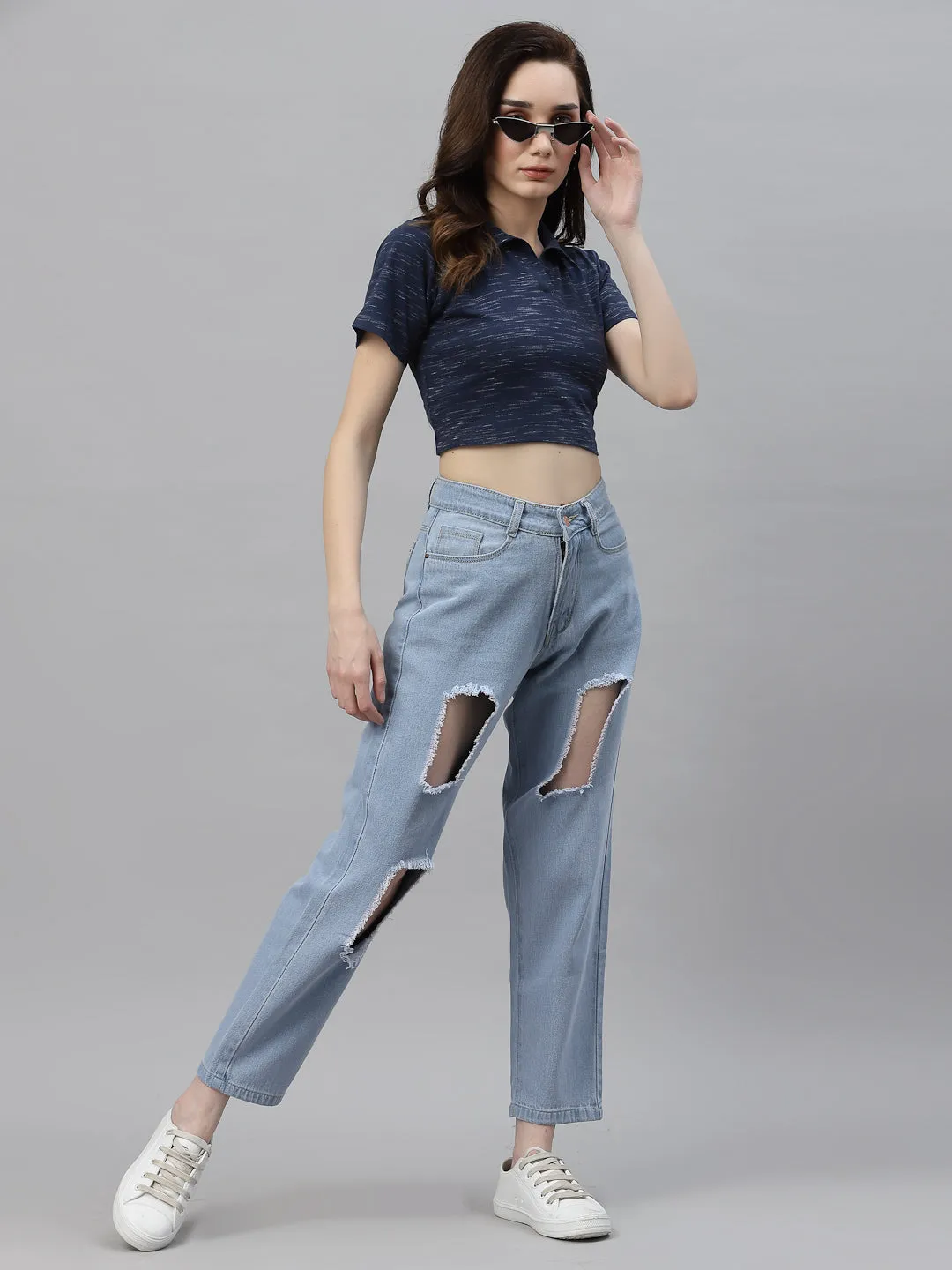 Self Texture Collared Crop Top