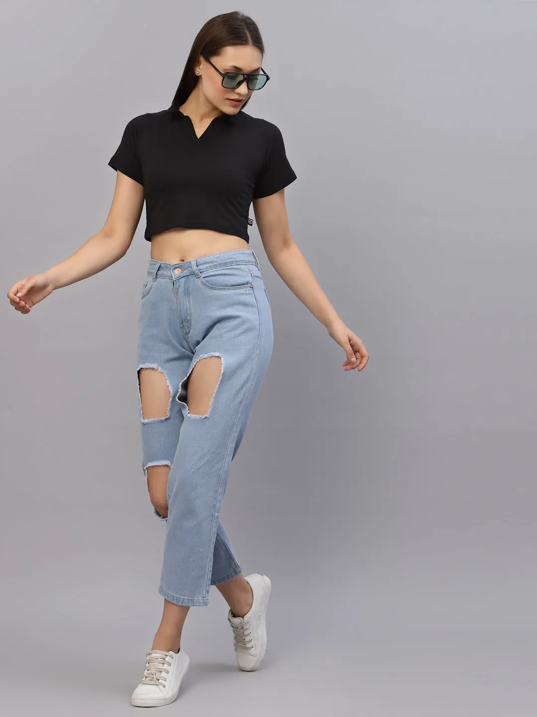 Self Texture Collared Crop Top