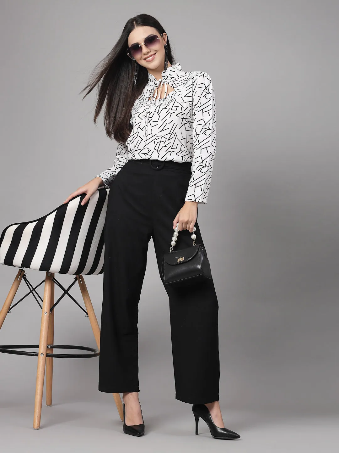 Style Quotient Women Black And White Abstract Print Polyester Smart Casual Top